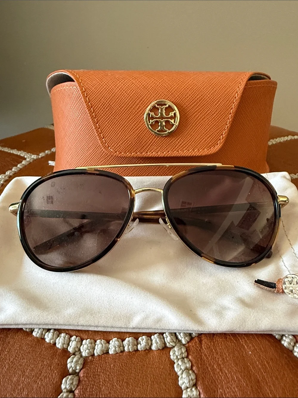 Tory Burch Tortoise & Gold Aviator Sunglasses with Orange Logo Case